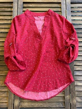 Red White Polka Dot Split V-Neck Roll-Sleeve Blouse Women’s Size Medium
